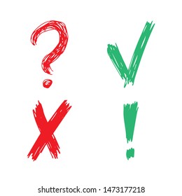 Hand drawn check, cross, question mark and exclamation mark symbols. Set of four green and red sketch symbols. Vector illustration