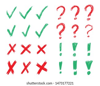 Hand drawn check, cross, question mark and exclamation mark symbols. Set of twenty four green and red sketch symbols. Vector illustration