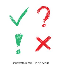 Hand drawn check, cross, question mark and exclamation mark symbols. Set of four green and red sketch symbols. Vector illustration