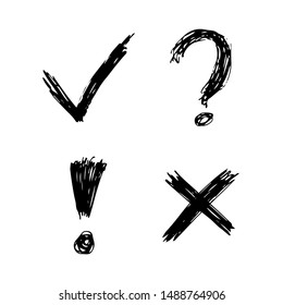 Hand drawn check, cross, question mark and exclamation mark symbols. Set of four black sketch symbols. Vector illustration 