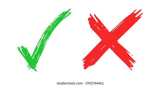 Hand drawn check and cross sign elements isolated on white background. Grunge doodle green checkmark OK and red X icons. Vector illustration