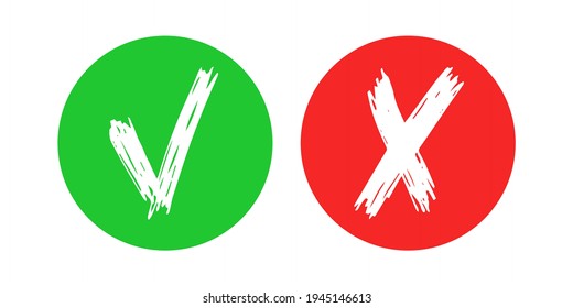 Hand drawn check and cross sign elements isolated on white background. Grunge doodle checkmark OK in green circle and X in red  circle icons. Vector illustration