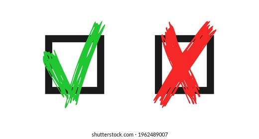 Hand drawn check and cross sign elements isolated on white background. Grunge doodle green checkmark OK and red X in black  square icons. Vector illustration