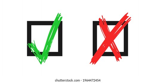 Hand drawn check and cross sign elements isolated on white background. Grunge doodle green checkmark OK and red X in black  square icons. Vector illustration