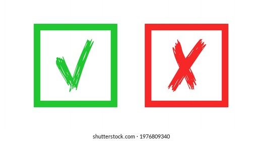 Hand drawn check and cross sign elements isolated on white background. Grunge doodle green checkmark OK and red X in square icons. Vector illustration