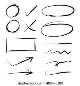 hand drawn check mark, arrows, underlines