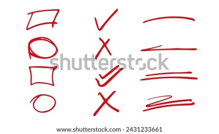 Hand drawn check mark and brush lines, red marker, check mark, underline stroke. Vector illustration hand drawn circles, underlines, check marks collection