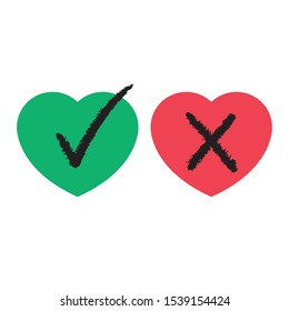 hand drawn check mark, cancel sign and heart symbol