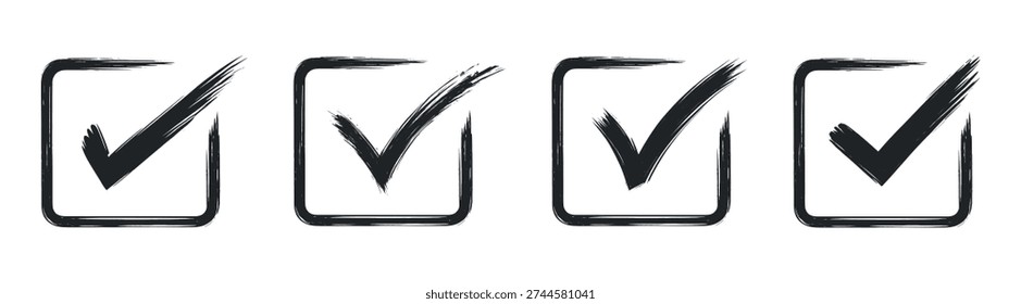 Hand drawn check mark checkbox icon set, brush outline approval and confirmation symbols on transparent background