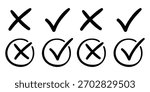 Hand Drawn Check Mark and Cross Vector Set: Sketch Tick and X Symbols. Grunge, Marker, Approved, Denied, Correct, Wrong, and To-Do List Scribble Icons.