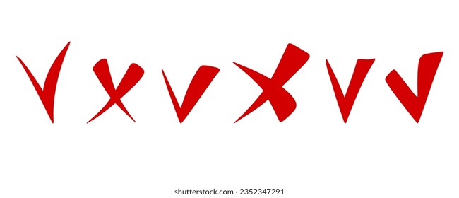 Signo de cruz de marca de verificación dibujada a mano. Marcas de verificación de dibujos en las respuestas de prueba, confirmación, iconos de negación. Plantilla de marcas de lista de verificación, conjunto de votaciones. Ilustración plana vectorial aislada en blanco.