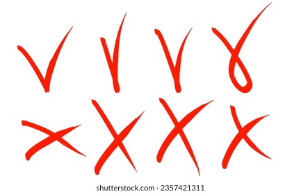 Marca de verificación dibujada a mano y cruz. Voz de elección de pincel de garabato. Esbozo de marcadores. Resaltar texto y objetos importantes.  Ilustración vectorial de material aislada en fondo blanco.