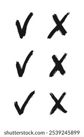 Marca de verificación dibujada a mano e iconos de vector cruzado. Símbolos de lista de comprobación de garabatos con conjunto de textura de pincel seco.