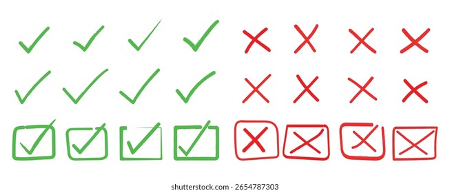 Hand Drawn Check Mark and Cross Icon Set – Sketch Style Checklist Ticks and X Symbols Vector Illustration