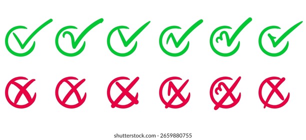 Hand Drawn Check Mark and Cross Icon Set with Tick, X, and Checkbox Sketches in Doodle Brush Style on Transparent Background for UI Review and Form Feedback - Powered by Shutterstock - Get 15% off with code: PIKWIZARD15
