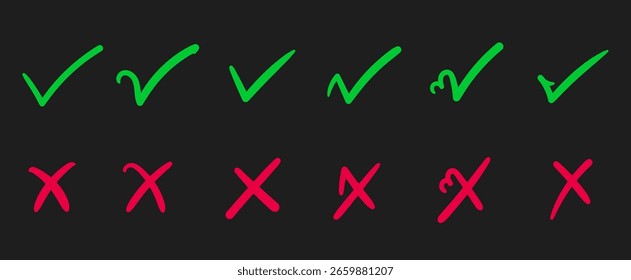 Marca de verificación dibujada a mano y conjunto de iconos cruzados con símbolos de garrapata y X en estilo de pincel de boceto Doodle en fondo transparente para el Comentarios de formulario de revisión de interfaz de usuario y diseño de Aprobación