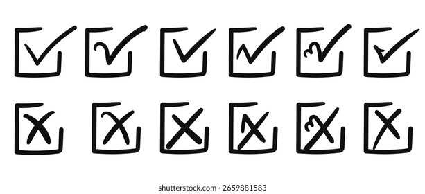 Hand Drawn Check Mark and Cross Icon Set with Tick, X, and Checkbox Sketches in Doodle Brush Style on Transparent Background for UI Review and Form Feedback