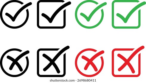 marca de seleção desenhada à mão e ícone de marca de cruzamento definido. Sim, nenhum sinal. Aprovar e rejeitar símbolo. Tique Verde e Sinal X Vermelho