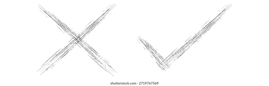 Marca de verificación dibujada a mano y símbolos cruzados que representan la Aprobación y el rechazo con una textura afligida Vector EPS