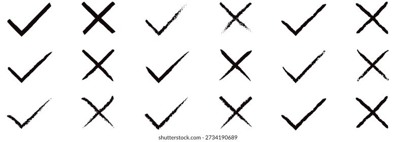 Hand Drawn Check Mark and Cross Icon Set, Sketch Doodle Tick and X Symbols in Grunge Brush Style, Checklist Vector Illustration	
