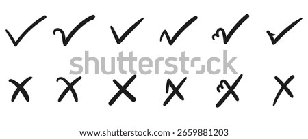 Hand Drawn Check Mark and Cross Icon Set with Tick and X Symbols in Doodle Sketch Brush Style on Transparent Background for UI Review Form Feedback and Approval Design