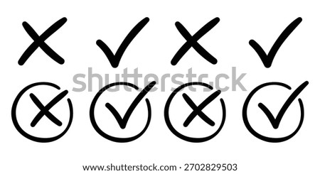Hand Drawn Check Mark and Cross Vector Set: Sketch Tick and X Symbols. Grunge, Marker, Approved, Denied, Correct, Wrong, and To-Do List Scribble Icons.