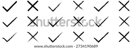 Hand Drawn Check Mark and Cross Icon Set, Sketch Doodle Tick and X Symbols in Grunge Brush Style, Checklist Vector Illustration	