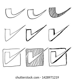 hand drawn check mark icon set in cartoon doodle style