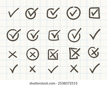 Ícone de marca de seleção desenhada à mão. Ícone de caixa de seleção com botões certos e errados
