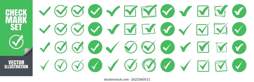 Hand Drawn Check Mark Icon Set. Green Tick Symbols in Circle and Square Shapes, Vector Approval Buttons and Checkboxes on Transparent Background