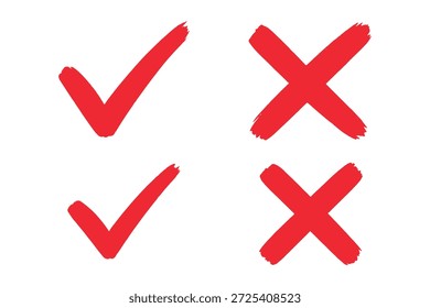Marca de seleção desenhada à mão ícone definido. carrapato, sinais de cruz para caixa de verificação, lista de verificação, v e x no esboço símbolo de lista de verificação de marcador de pincel. grunge pincel estilo vetor ilustração