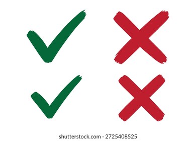 Conjunto de iconos de marca de verificación dibujado a mano. tick, signos cruzados para Casilla de verificación, lista de verificación, v y x en el símbolo de la lista de verificación del marcador del pincel de dibujo. estilo de pincel grunge Ilustración vectorial