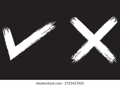 Conjunto de iconos de marca de verificación dibujado a mano. tick, signos cruzados para Casilla de verificación, lista de verificación, v y x en el símbolo de la lista de verificación del marcador del pincel de dibujo. estilo de pincel grunge Ilustración vectorial