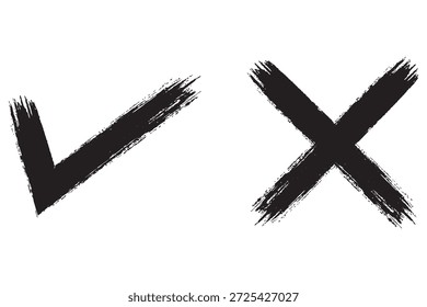 Marca de seleção desenhada à mão ícone definido. carrapato, sinais de cruz para caixa de verificação, lista de verificação, v e x no esboço símbolo de lista de verificação de marcador de pincel. grunge pincel estilo vetor ilustração
