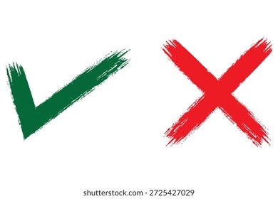 Marca de seleção desenhada à mão ícone definido. carrapato, sinais de cruz para caixa de verificação, lista de verificação, v e x no esboço símbolo de lista de verificação de marcador de pincel. grunge pincel estilo vetor ilustração