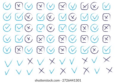 Marca de seleção desenhada à mão ícone definido. carrapato, sinais de cruz para caixa de verificação, lista de verificação, v e x no esboço doodle pincel marcador símbolo lista de verificação. grunge pincel estilo vetor ilustração.