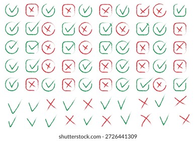 Conjunto de íconos de marca de verificación dibujados a mano. tick, signos cruzados para Casilla de verificación, lista de verificación, v y x en el símbolo de la lista de verificación del marcador del pincel del dibujo. estilo de pincel grunge Ilustración vectorial.