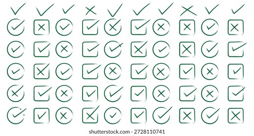 Conjunto de iconos de marca de verificación dibujado a mano. tick, signos cruzados para Casilla de verificación, lista de verificación, v y x en el símbolo de la lista de verificación del marcador del pincel doodle de boceto. estilo de pincel grunge. eps 10