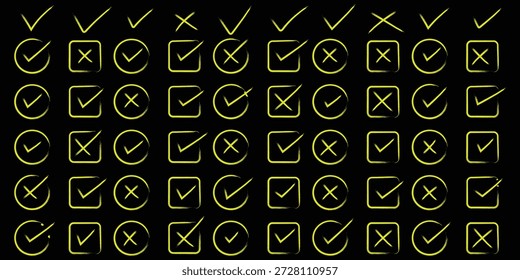 Conjunto de iconos de marca de verificación dibujado a mano. tick, signos cruzados para Casilla de verificación, lista de verificación, v y x en el símbolo de la lista de verificación del marcador del pincel doodle de boceto. estilo de pincel grunge. eps 10