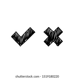 Hand drawn check mark icons. Tick and x cross doodles