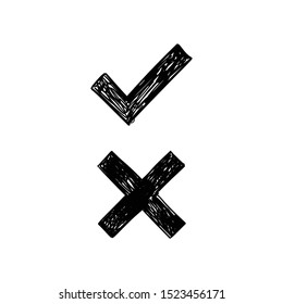 Hand drawn check mark icons. Tick and x cross doodles