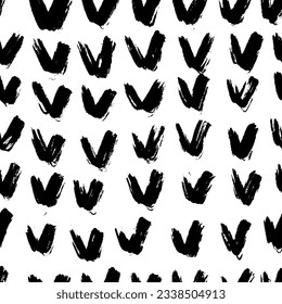 Hand drawn check mark seamless pattern. Rough abstract background with v-shape bold brush strokes. Hand drawn graphic ornament for wrapping paper. Black texture lines. Tribal vector background