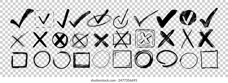 Hand drawn check mark set. Black charcoal pencil rough check boxes, checklist icons. Crayon checkmark elements. Sketch checkbox vote marks, correct or incorrect sign. Doodle tick and marker cross.