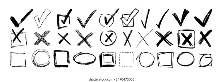 Hand drawn check mark set. Black charcoal pencil check boxes, checklist icons. Crayon sketch checkmark elements. Vector vote checkbox, correct or wrong sign. Doodle circle frames with crosses and tick