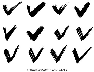 Hand drawn check mark or tick symbol, vector, isolated, grunge dry brush strokes