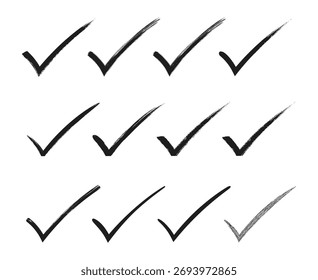 handgezeichnetes Häkchen Sammlung Doodle Pinsel Strich Symbol einzeln auf weißem Hintergrund für Checkliste und Freigabe Design gesetzt.