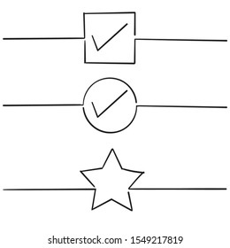 hand drawn check mark, wrong mark, underline,star with hand drawn doodle line art style vector isolated on white background