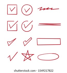 hand drawn check mark, wrong mark, underline,star with hand drawn doodle line art style vector isolated on white background