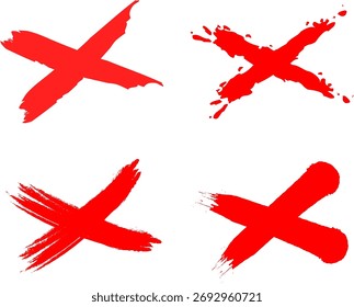 Marca de seleção desenhada à mão e conjunto de marcas X: ícones de marca de traçado e cruz de pincel em vermelho e preto