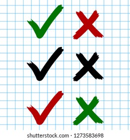 Hand Drawn Check Mark Yes & No Icon on Squared Copybook Sheet. Grunge Design. Vector Illustration